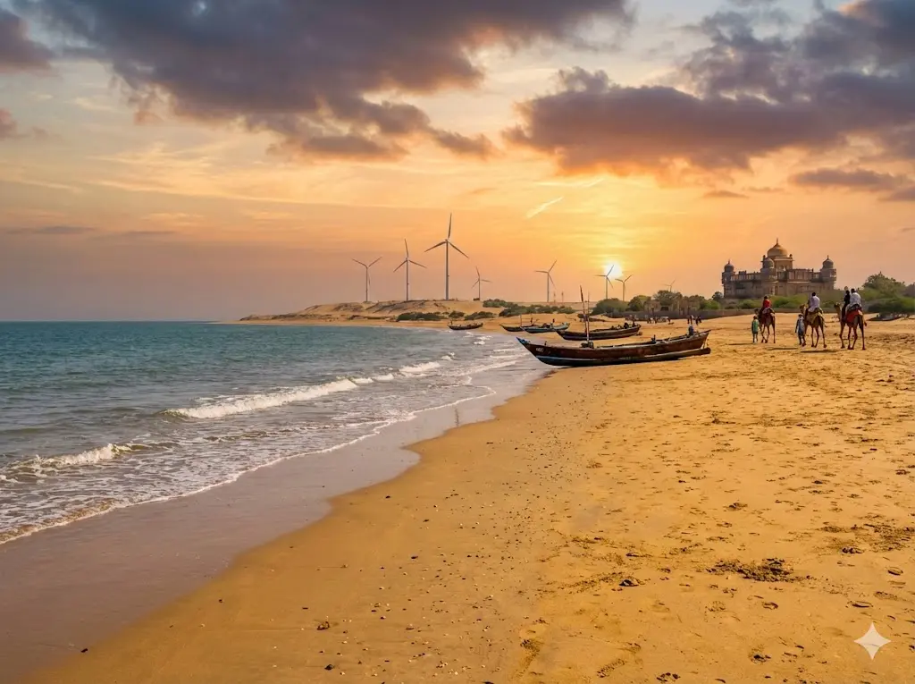 Mandvi beach and Vijay Vilas Palace on Arabian Sea coast in Kutch Gujarat