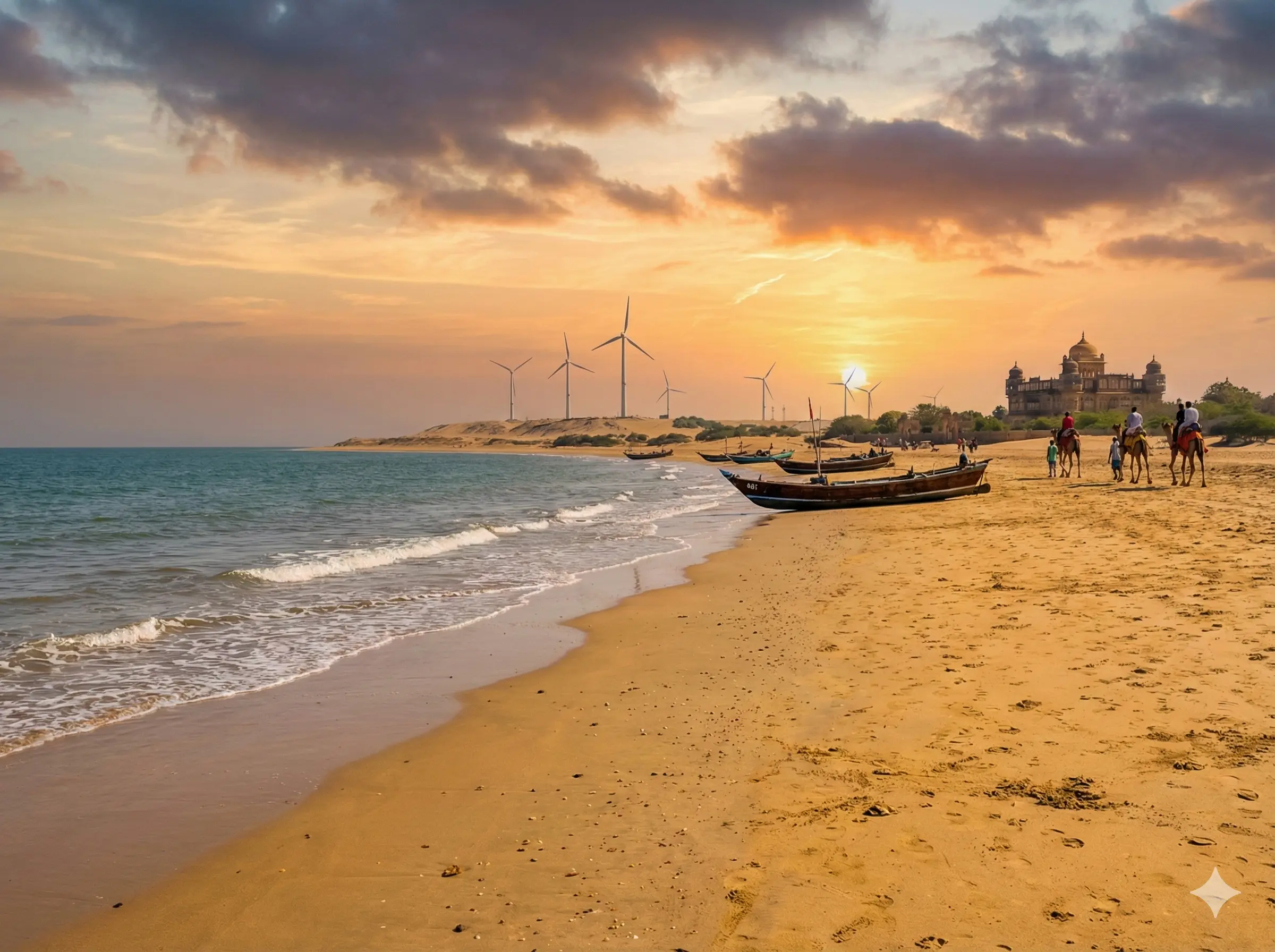 Mandvi Beach and Vijay Vilas Palace on Arabian Sea coast in Kutch